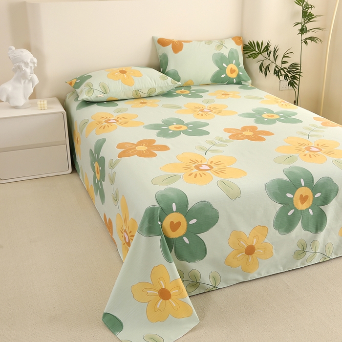 91家纺网 家纺一手货源 找家纺 棉乐町家居 2025新款三枚段条卷边老粗布床单套件 花恋曲-绿-原棉款