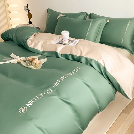 91家纺网 家纺一手货源 找家纺 (总)梦幻之城2023新款水洗真丝双拼刺绣小山茶花四件套--芮雅系列