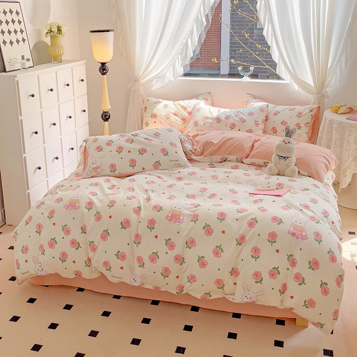 91家纺网 家纺一手货源 找家纺 优选 2025新款直播爆款母婴级水洗皱皱棉四件套小碎花被套床笠款三件套 比菲兔