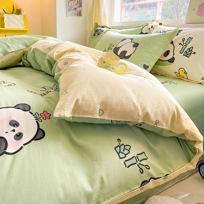 91家纺网 家纺一手货源 找家纺 绵庭家纺 2024新款AB版12868全棉印花单枕套 熊猫戏水绿