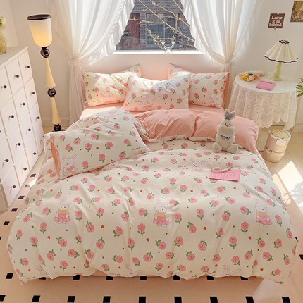 91家纺网 家纺一手货源 找家纺 优选良品 2025新款直播爆款母婴级水洗皱皱棉四件套小碎花被套床笠款三件套 比菲兔