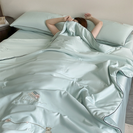 欧冠家纺 2024新款大牌风水洗真丝绣花床笠被套夏被四件套公主日记系列-风格一 公主日记-白茶绿