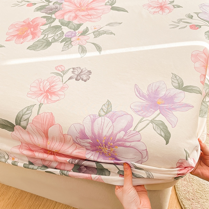 91家纺网 家纺一手货源 找家纺 绵庭家纺 2024新款AB版12868全棉印花单床笠  水榭听香-米