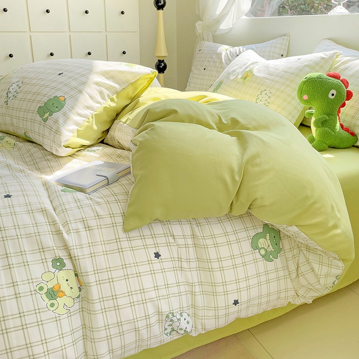 91家纺网 家纺一手货源 找家纺 优选良品 2025新款直播爆款母婴级水洗皱皱棉四件套小碎花被套床笠款三件套 恐龙宝贝