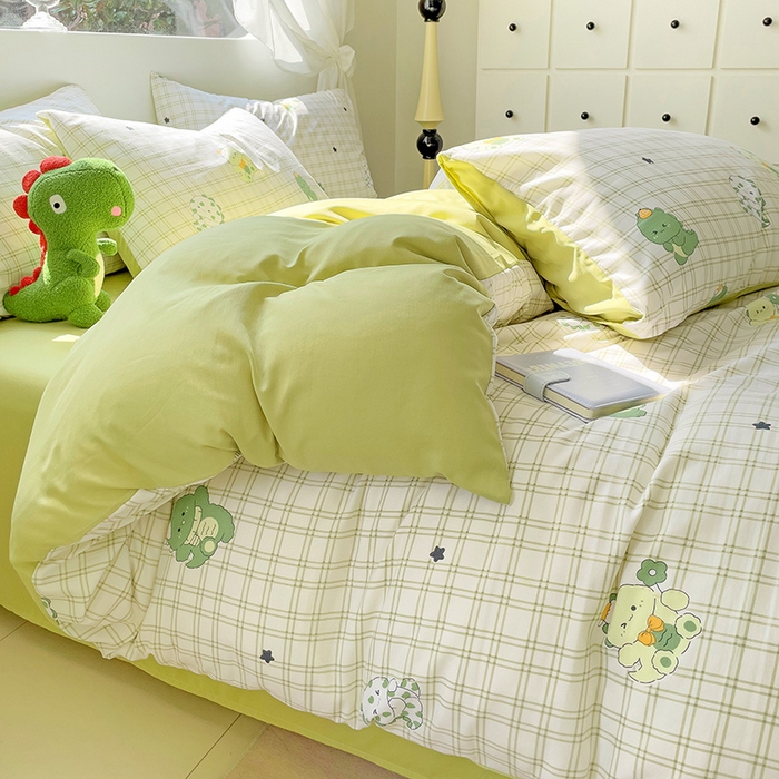 91家纺网 家纺一手货源 找家纺 优选良品 2025新款直播爆款母婴级水洗皱皱棉四件套小碎花被套床笠款三件套 恐龙宝贝