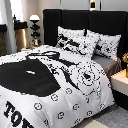 色鬼布艺 2024新款大牌风进口双面冰丝四件套水洗真丝四件套直播爆款暴力熊 迷你星尚-白