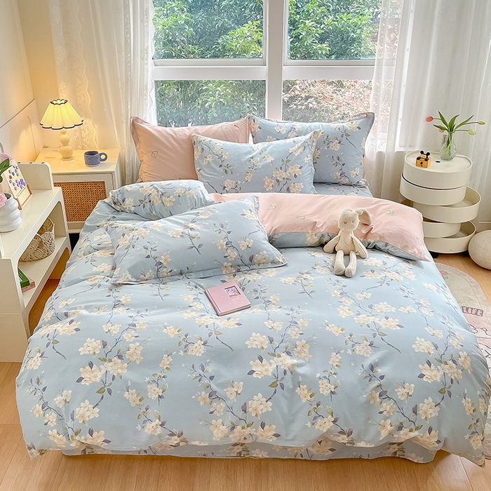 91家纺网 家纺一手货源 找家纺 绵庭家纺 2024新款AB版全棉印花系列四件套 杏花微雨