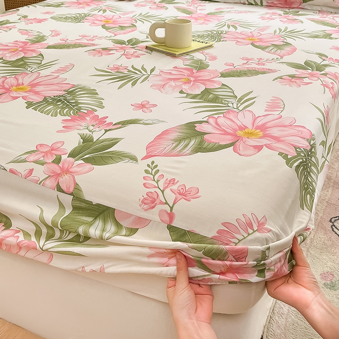 91家纺网 家纺一手货源 找家纺 绵庭家纺 2024新款AB版12868全棉印花单床笠  粉朵华颂