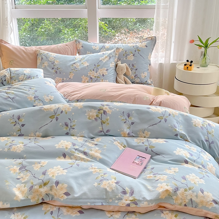 91家纺网 家纺一手货源 找家纺 绵庭家纺 2024新款AB版全棉印花系列四件套 杏花微雨