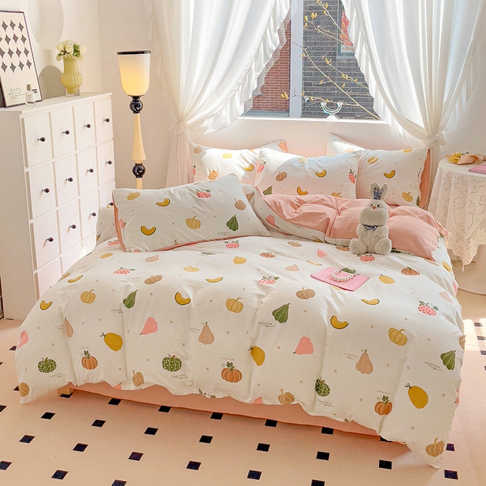 91家纺网 家纺一手货源 找家纺 优选良品 2025新款直播爆款母婴级水洗皱皱棉四件套小碎花被套床笠款三件套 水果派对