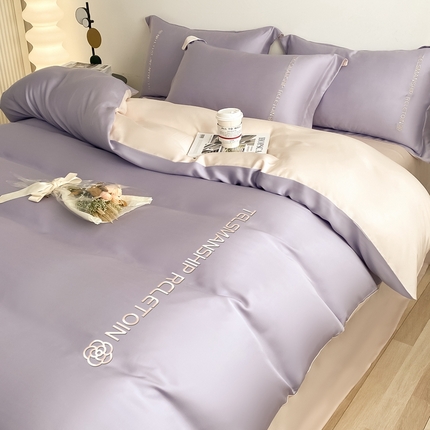 91家纺网 家纺一手货源 找家纺 (总)梦幻之城2023新款水洗真丝双拼刺绣小山茶花四件套--芮雅系列