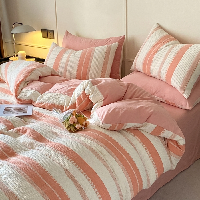 91家纺网 家纺一手货源 找家纺 （总）ab家纺 2024新款彩条双层纱提花四件套