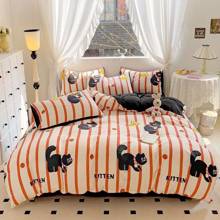 91家纺网 家纺一手货源 找家纺 优选良品 2025新款直播爆款母婴级水洗皱皱棉四件套小碎花被套床笠款三件套 黑猫仔仔