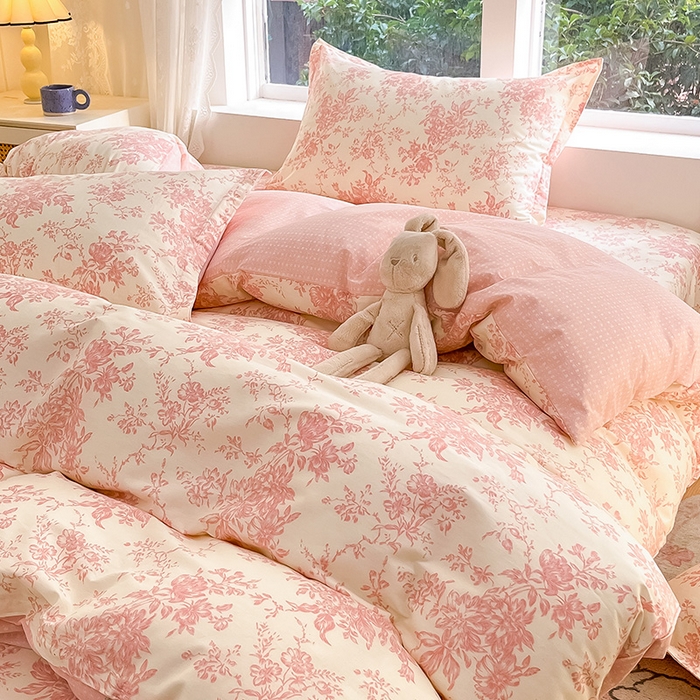 91家纺网 家纺一手货源 找家纺 绵庭家纺 2024新款AB版全棉印花系列四件套 藤蔓花影-粉