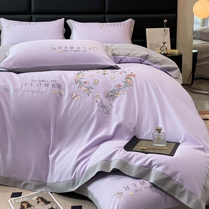 91家纺网 家纺一手货源 找家纺 凯艾玲 2024新款简约轻奢磨毛细斜纹四件套-初见 初见-浅紫