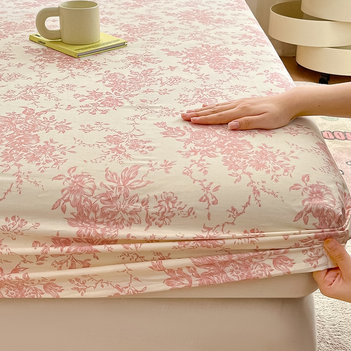 91家纺网 家纺一手货源 找家纺 绵庭家纺 2024新款AB版12868全棉印花单床笠  藤蔓花影-粉