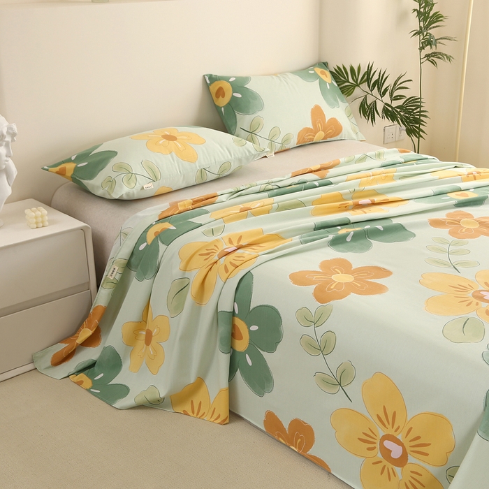 91家纺网 家纺一手货源 找家纺 棉乐町家居 2025新款三枚段条卷边老粗布床单套件 花恋曲-绿-原棉款