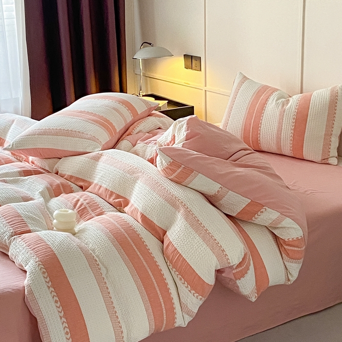 91家纺网 家纺一手货源 找家纺 （总）ab家纺 2024新款彩条双层纱提花四件套