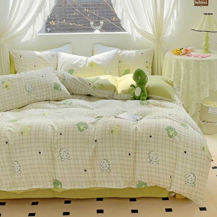 91家纺网 家纺一手货源 找家纺 优选良品 2025新款直播爆款母婴级水洗皱皱棉四件套小碎花被套床笠款三件套 恐龙宝贝