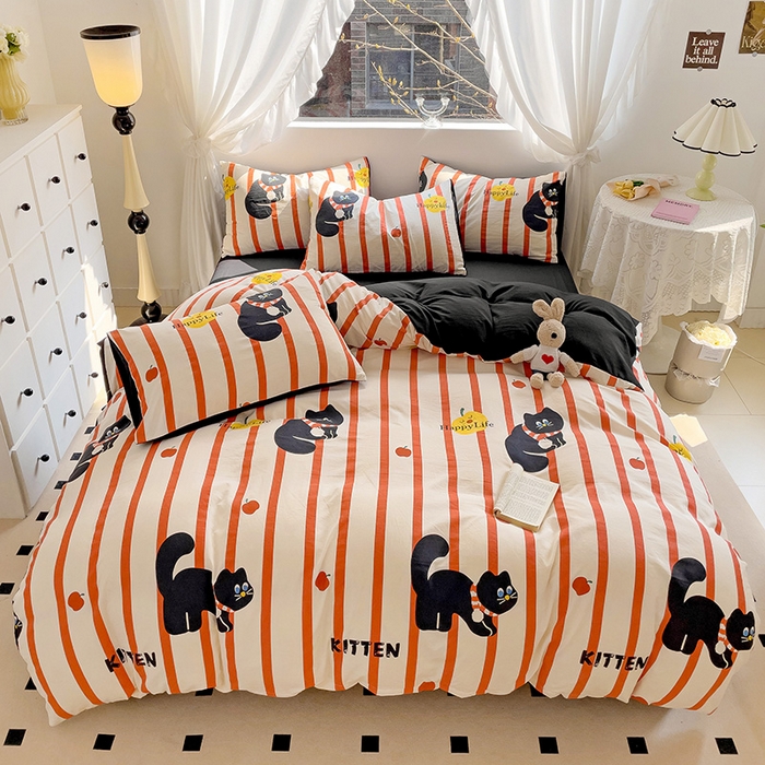 91家纺网 家纺一手货源 找家纺 优选良品 2025新款直播爆款母婴级水洗皱皱棉四件套小碎花被套床笠款三件套 黑猫仔仔