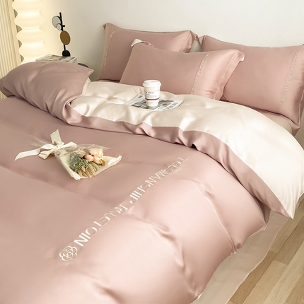 91家纺网 家纺一手货源 找家纺 (总)梦幻之城2023新款水洗真丝双拼刺绣小山茶花四件套--芮雅系列