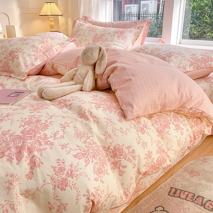 91家纺网 家纺一手货源 找家纺 绵庭家纺 2024新款AB版12868全棉印花单被套 藤蔓花影-粉