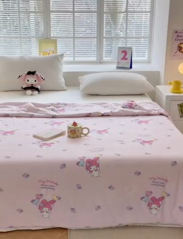 91家纺网 家纺一手货源 找家纺 博雅 2024新款三丽鸥正版系列A类牛奶丝软糯针织棉大豆纤维夏被 针织棉（带防伪标）气球美乐蒂