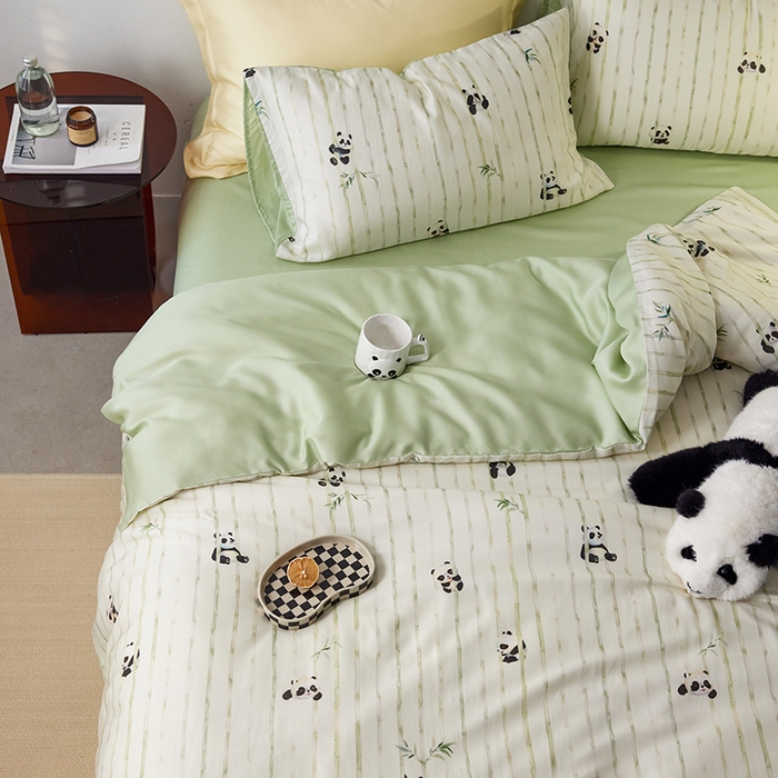 91家纺网 家纺一手货源 找家纺 时年家纺 2024春夏新品莱赛尔天丝印花四件套 淘气熊猫