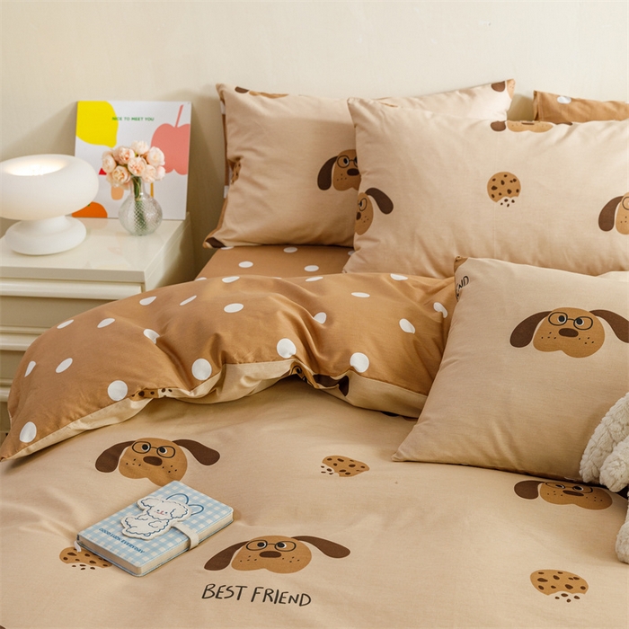 91家纺网 家纺一手货源 找家纺 红粉佳人家纺  2024新款纯棉卡通小清新四件套及单品 布丁狗-1