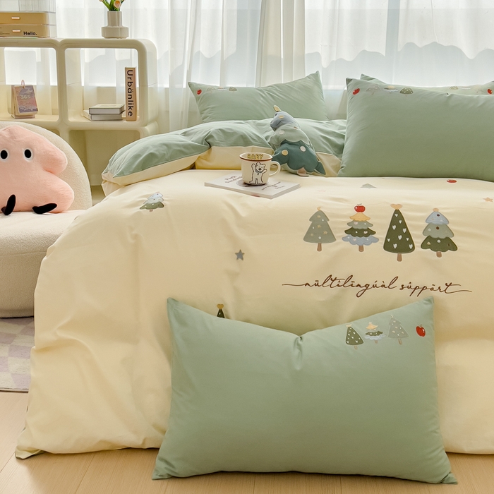 91家纺网 家纺一手货源 找家纺 亲亲公主 2025新款全棉可爱刺绣四件套 幸运树