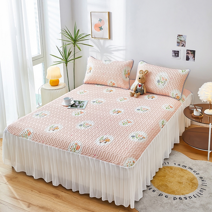 91家纺网 家纺一手货源 找家纺 爱上家居 2024新款印花凉席床裙床单款夏被-床裙款 花团