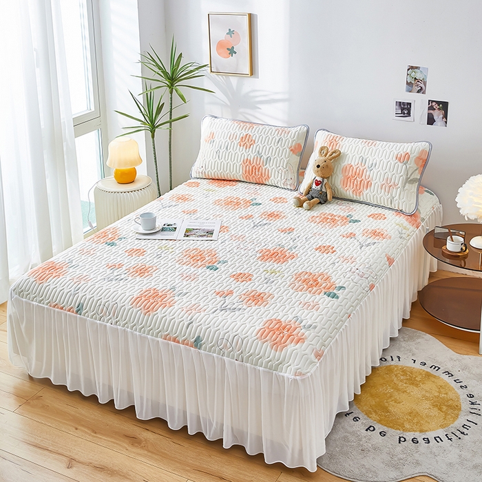 91家纺网 家纺一手货源 找家纺 爱上家居 2024新款印花凉席床裙床单款夏被-床裙款 桃花朵朵