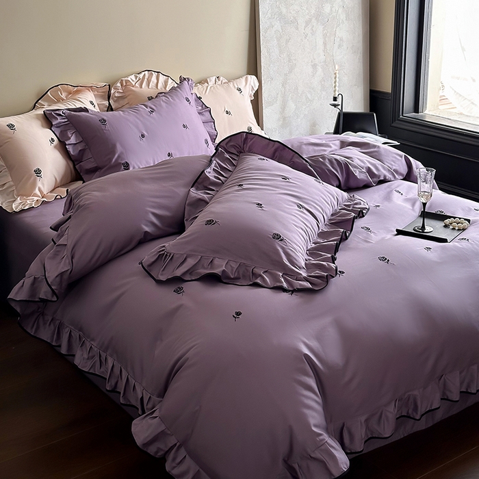 91家纺网 家纺一手货源 找家纺 2024窝米春夏新品100支长绒棉刺绣款四件套（玫瑰紫，茶粉） 玫瑰紫