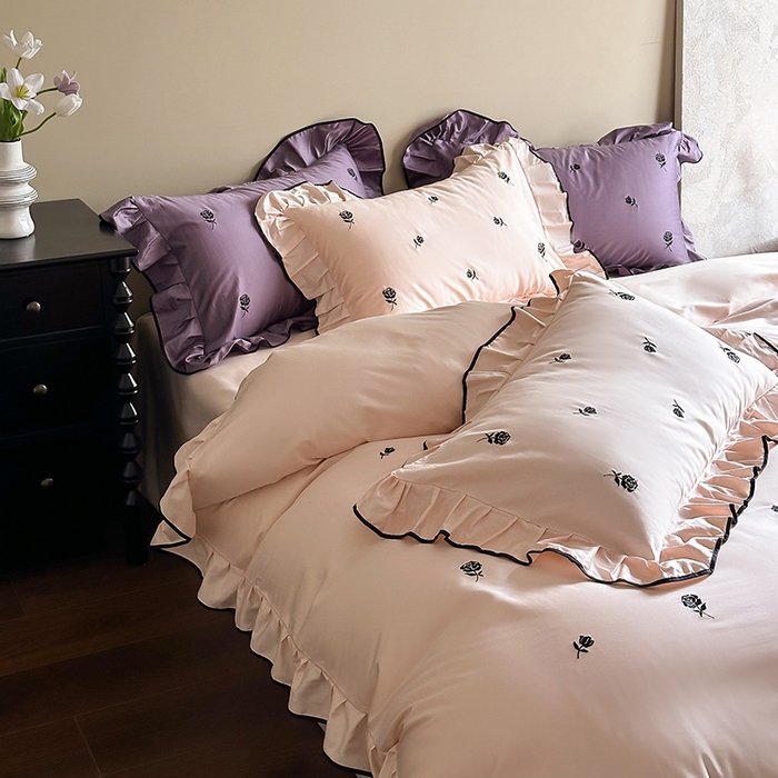 91家纺网 家纺一手货源 找家纺 2024窝米春夏新品100支长绒棉刺绣款四件套（玫瑰紫，茶粉） 玫瑰茶粉