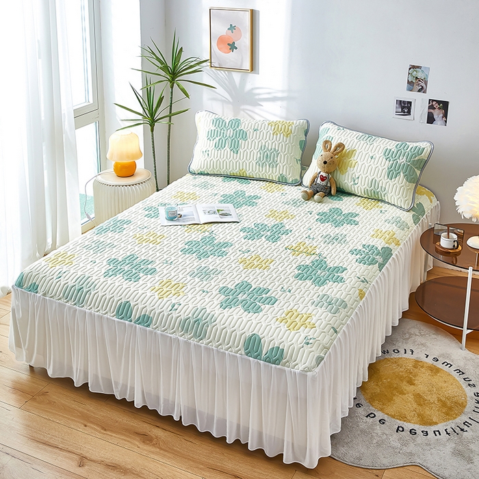 91家纺网 家纺一手货源 找家纺 爱上家居 2024新款印花凉席床裙床单款夏被-床裙款 绿意