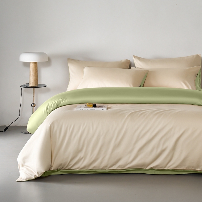 91家纺网 家纺一手货源 找家纺 秀色家纺 2025新款轻奢60支贡缎高支贡缎长绒棉全棉四件套简约纯色床上被套床单床笠式 米朵-奶昔白+山栀茶