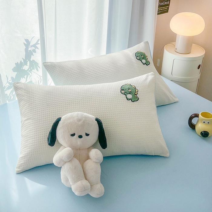 91家纺网 家纺一手货源 找家纺 慕尚 2025新款全棉华夫格毛巾绣四件套 恐龙之王白蓝