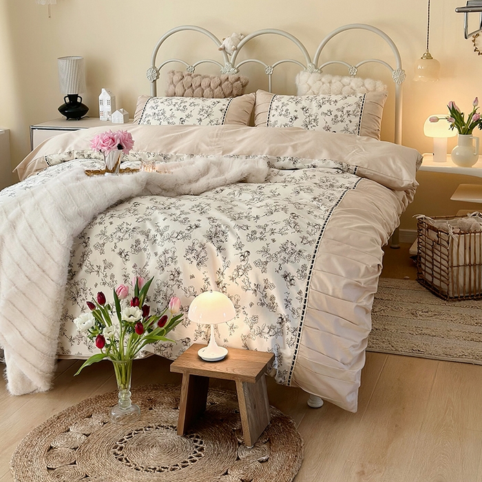 91家纺网 家纺一手货源 找家纺 晨希家居 2024新款复古法式全棉印花四件套 晚风告白