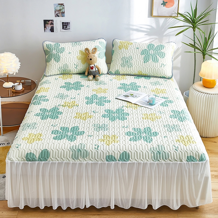 91家纺网 家纺一手货源 找家纺 爱上家居 2024新款印花凉席床裙床单款夏被-床裙款 绿意