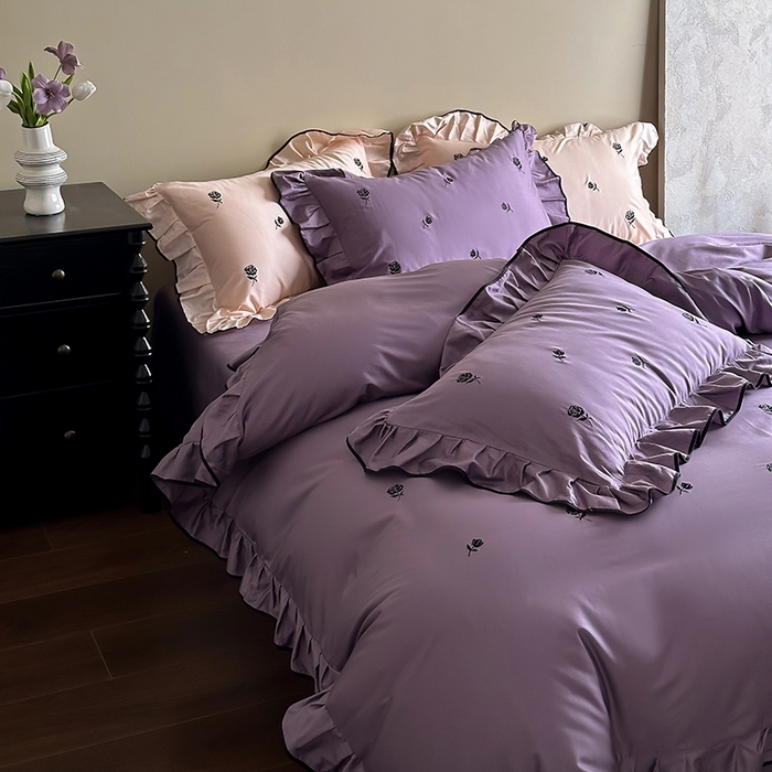 91家纺网 家纺一手货源 找家纺 2024窝米春夏新品100支长绒棉刺绣款四件套（玫瑰紫，茶粉） 玫瑰紫