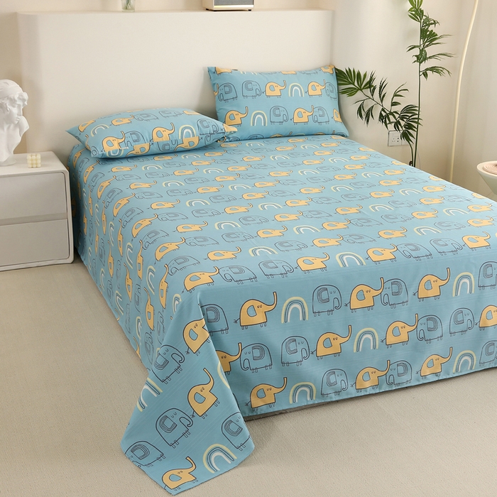 91家纺网 家纺一手货源 找家纺 金泰莱 2025新款三枚段条卷边老粗布凉席三件套床单套件 卡通小象-蓝 原棉款