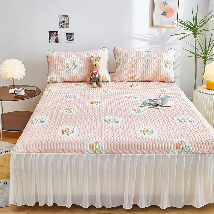 91家纺网 家纺一手货源 找家纺 爱上家居 2024新款印花凉席床裙床单款夏被-床裙款 花团