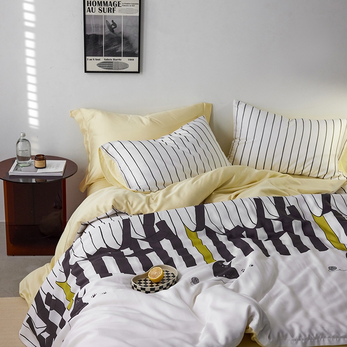 91家纺网 家纺一手货源 找家纺 时年家纺 2024春夏新品莱赛尔天丝印花四件套 律动猫