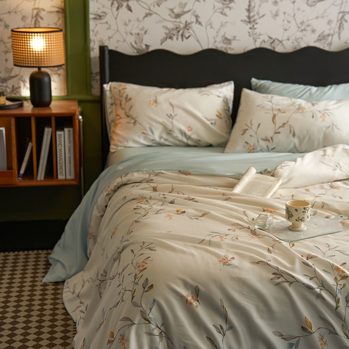 91家纺网 家纺一手货源 找家纺 时年家纺 2024春夏新品莱赛尔天丝印花四件套 清雅