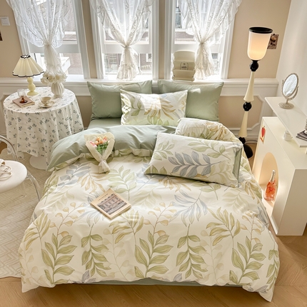 91家纺网 家纺一手货源 找家纺 晨希家居 2024新款小清新全棉印花四件套 青青糯叶