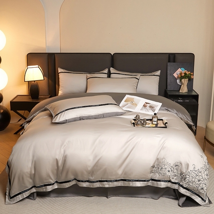 91家纺网 家纺一手货源 找家纺 （总）麦空 2025新款水洗冰丝刺绣系列四件套-朝颜