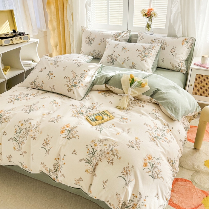 91家纺网 家纺一手货源 找家纺 晨希家居 2024新款小清新全棉印花四件套 微米