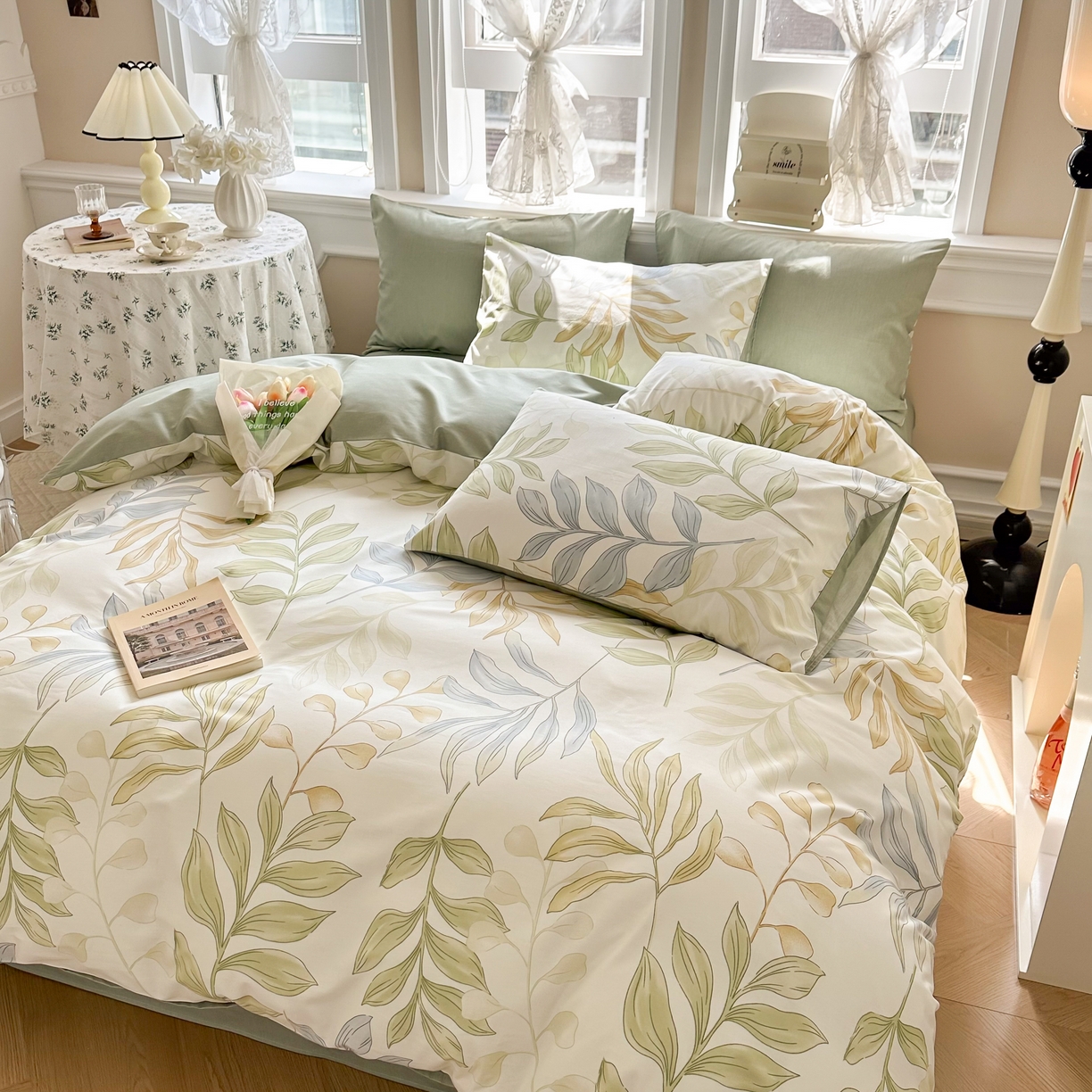 91家纺网 家纺一手货源 找家纺 晨希家居 2024新款小清新全棉印花四件套 青青糯叶