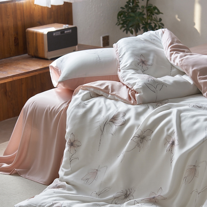 91家纺网 家纺一手货源 找家纺 时年家纺 2024春夏新品莱赛尔天丝印花四件套 枝叶诗韵