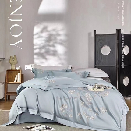 91家纺网 家纺一手货源 找家纺 玖玖爱家纺 2024春夏新品云柔黄金长绒棉四件套 静谧蓝